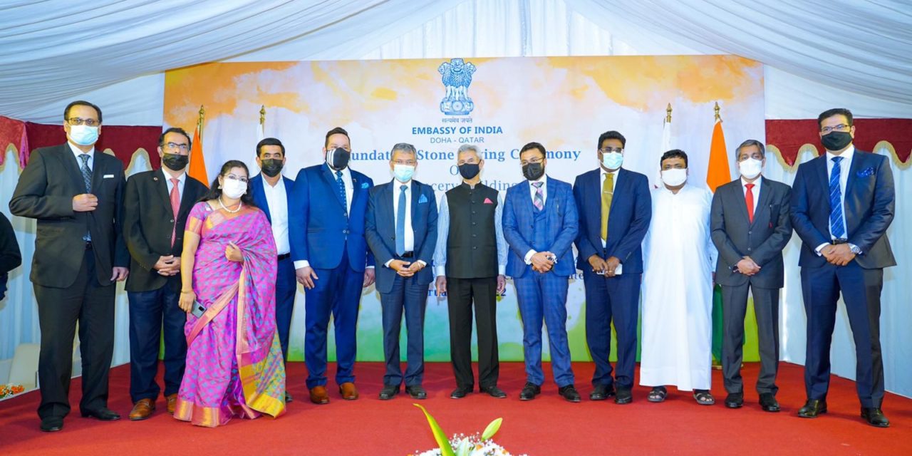 Team IBPC with Minister of External Affairs Dr. S. Jaishankar at the Foundation Laying Ceremony of the New Indian Embassy in Qatar on 9th Feb 2022